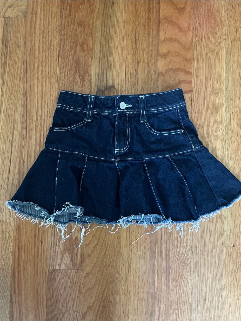 Primark Dark Blue Denim Flared Skirt with Frayed Hem
